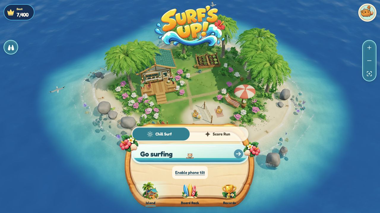 Current Surf’s Up! browser playtest on the tropical island hub